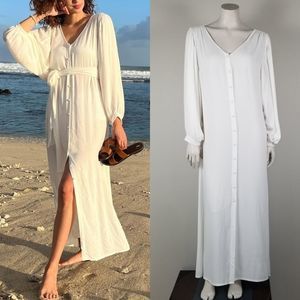 Solange Seguin White Viscose Luxury Baloon Sleeve Buttoned Maxi Dress Size S/M